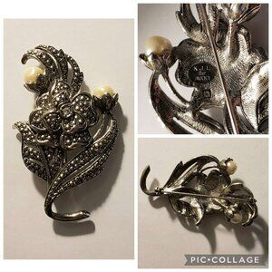 Vintage KJL Kenneth Jay Lane Avon Faux Marcasite Pearl Floral Silver Tone Brooch